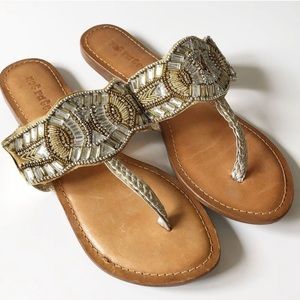 Not Rated Jeweled Thong Sandals Gold Leather 8.5